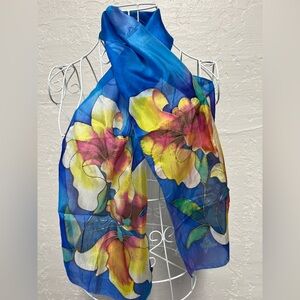 Vintage Silk Hand Painted Blue Yellow Pink Gold Scarf